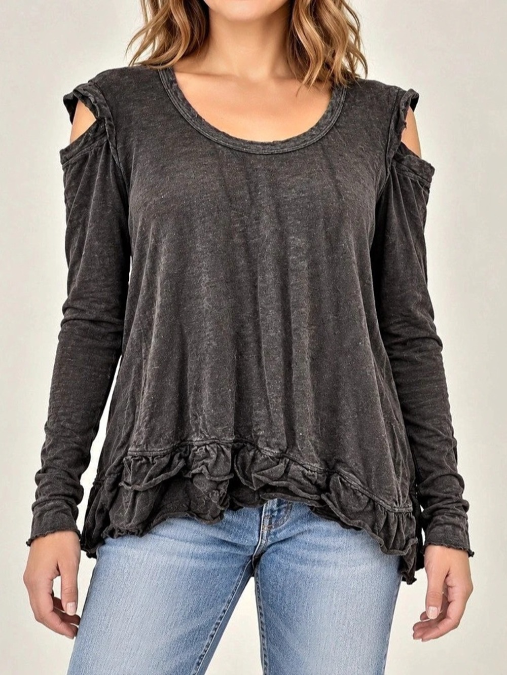 Wilt Ruffled Open-Shoulder Top Tunic Black Medium